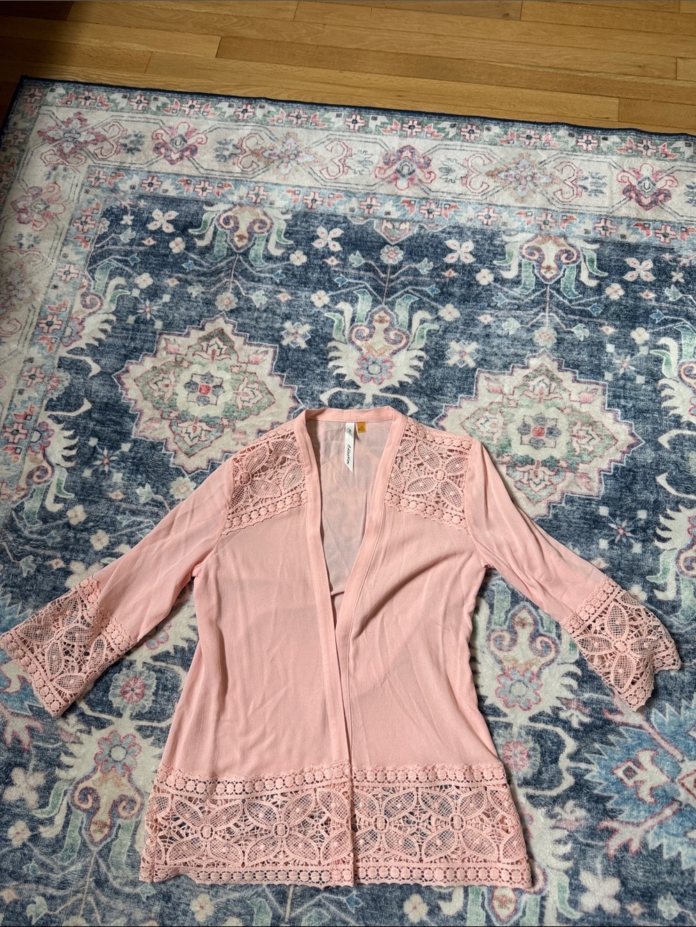 NY Collection Blush Pink Crochet-Trim Open Cardigan